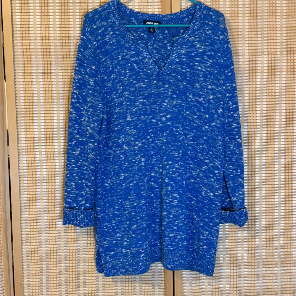 Lands End Womens Blue Marl Knit Split V-Neck Tunic‎ Sweater Cotton Blend L 14-16
